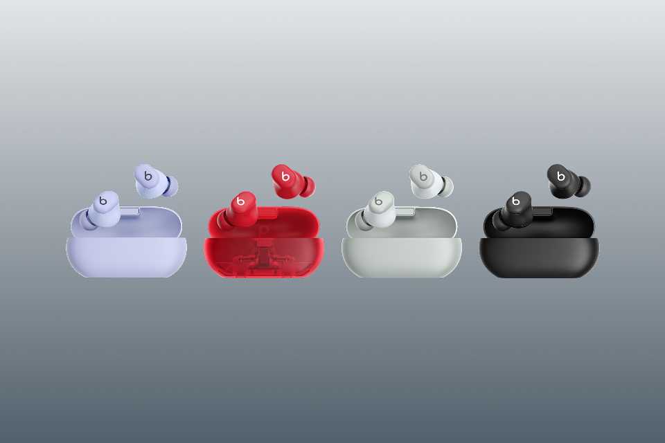 Beats Solo buds in Arctic Purple, Transparent Red, Storm Gray, and Matte Black.