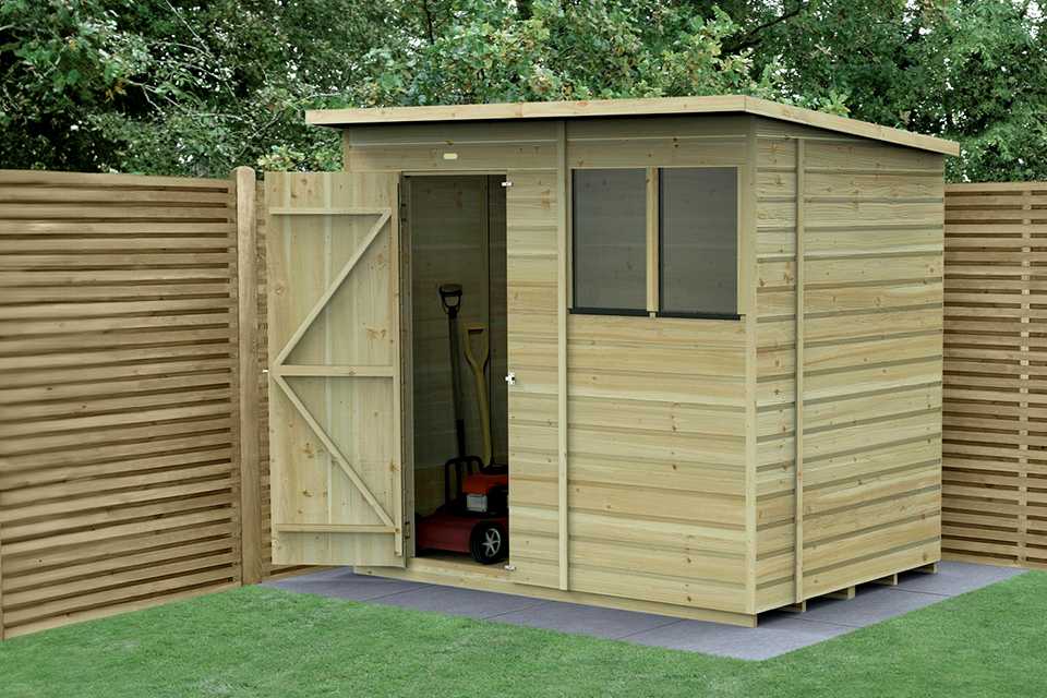 One door garden shed in garden setting