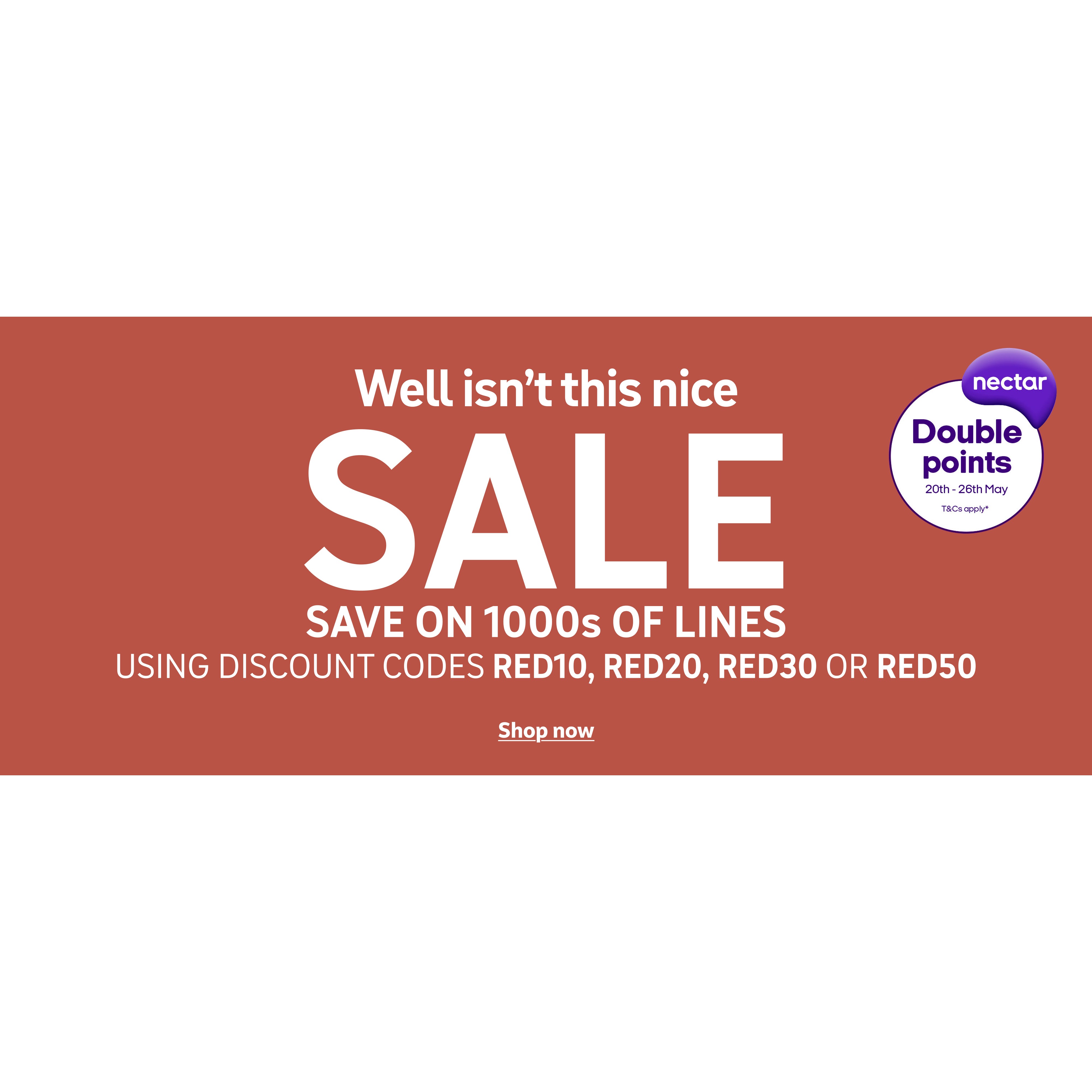 Well isnt this nice. Save on 1000s of lines using discount codes RED10, RED20, RED30 or RED50. Shop now.