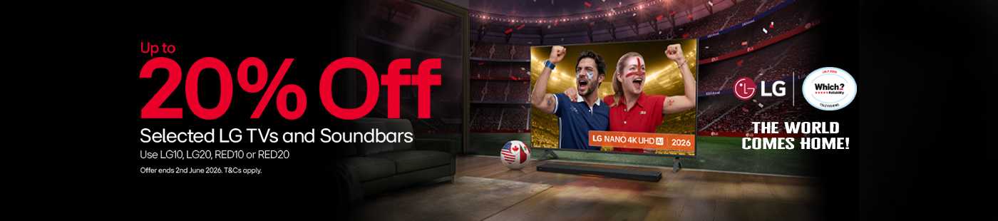 LG. Up to 20% off. Selected LG TVs and soundbars. Use LG10, LG20, RED10 OR RED20.