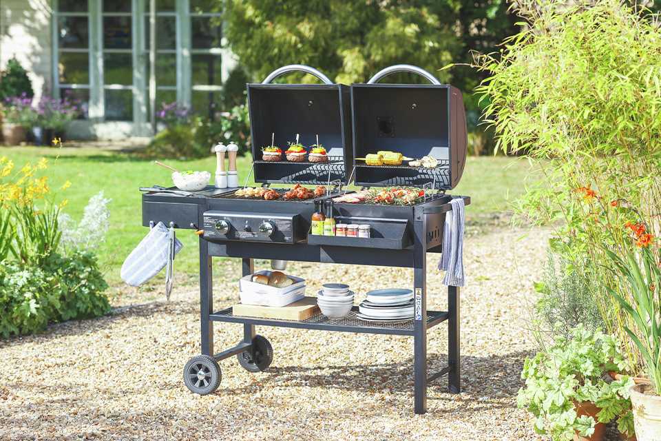 double bbq grilling food in garden