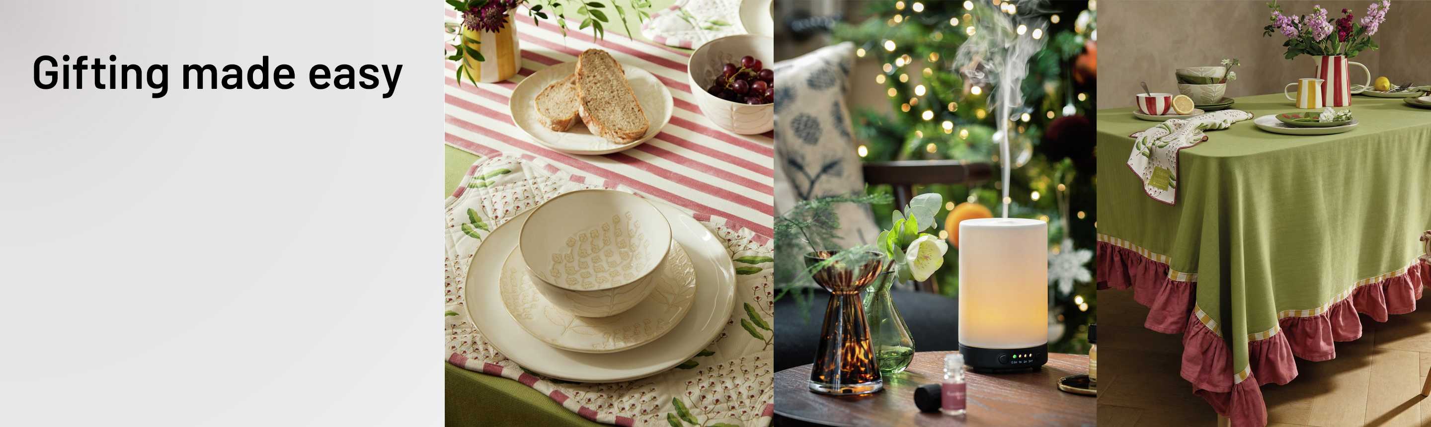An image collage with different gifting options such as a candle, diffuser and tableware.