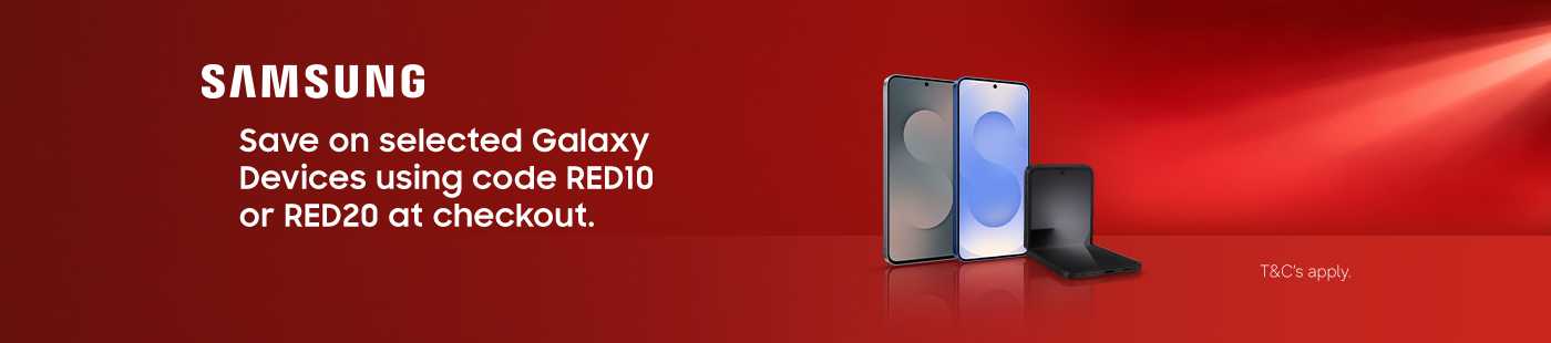 Samsung. Save on selected Galaxy Devices using code RED10 or RED20 at checkout.