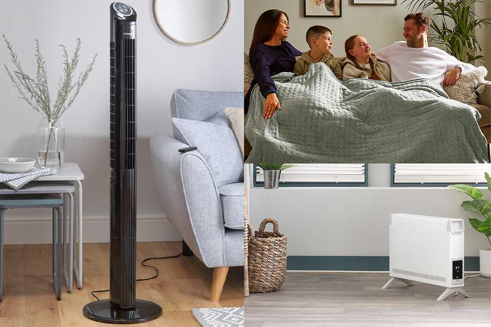 An image collage of a fan, a family covered in an electric blanket and an electric heater.