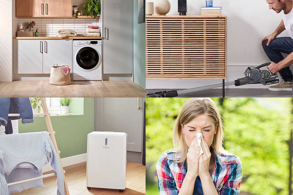An image collage of a washing machine, vacuum cleaner, dehumidifier and a person sneezing.