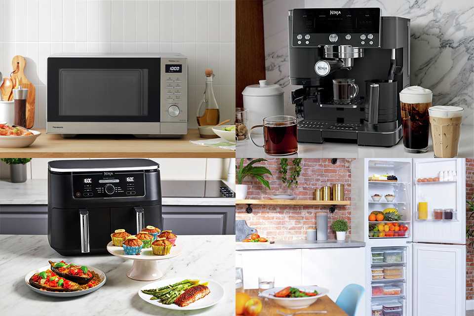 An image collage of a microwave, coffee machine, an air fryer, and a fridge freezer in a kitchen.