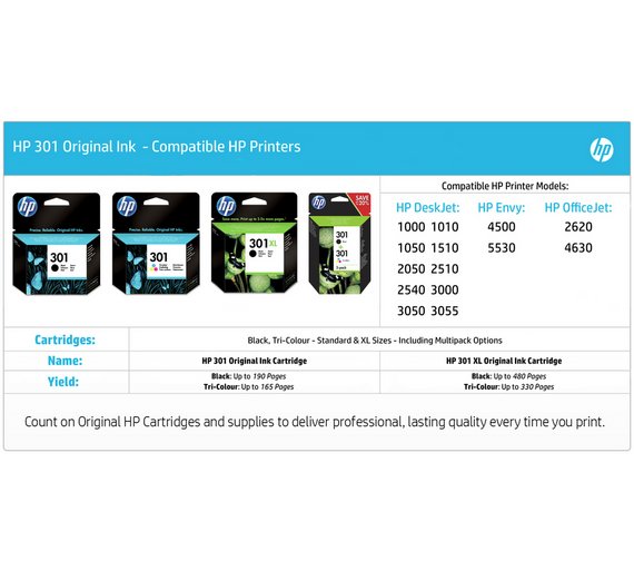 Buy HP 301XL High Yield Black Original Ink Cartridge (CH563EE) at Argos