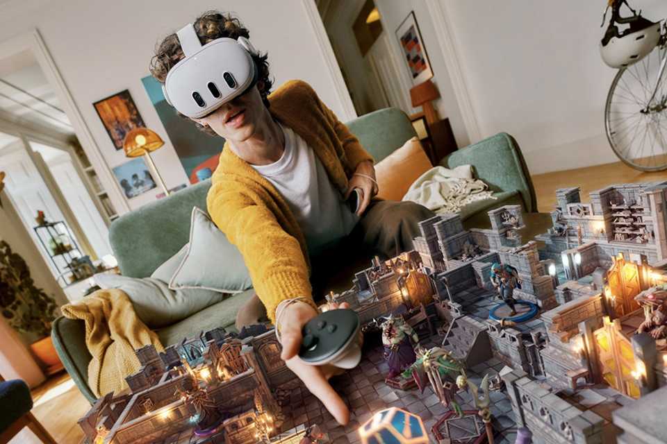 A person wearing Meta Quest 3 and playing Demeo in MR.