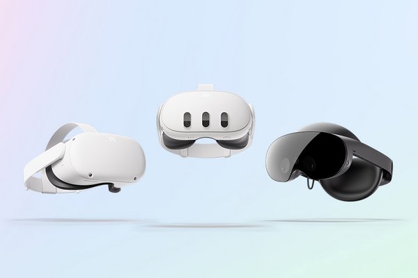 Meta Quest 2, Meta Quest 3 and Meta Quest Pro headsets shown against a dynamic background.