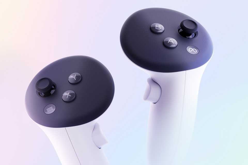 A set of white Meta Quest 3 controllers.
