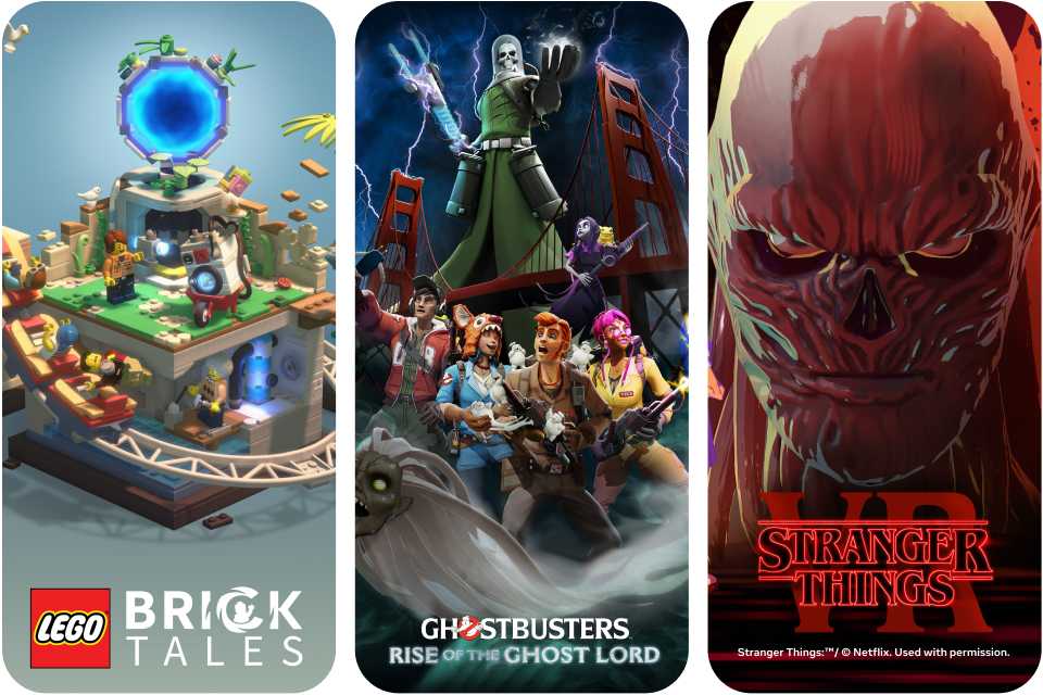 Posters of Lego Bricktales, Ghostbusters: Rise of the Ghost Lord and Stranger Things online games.