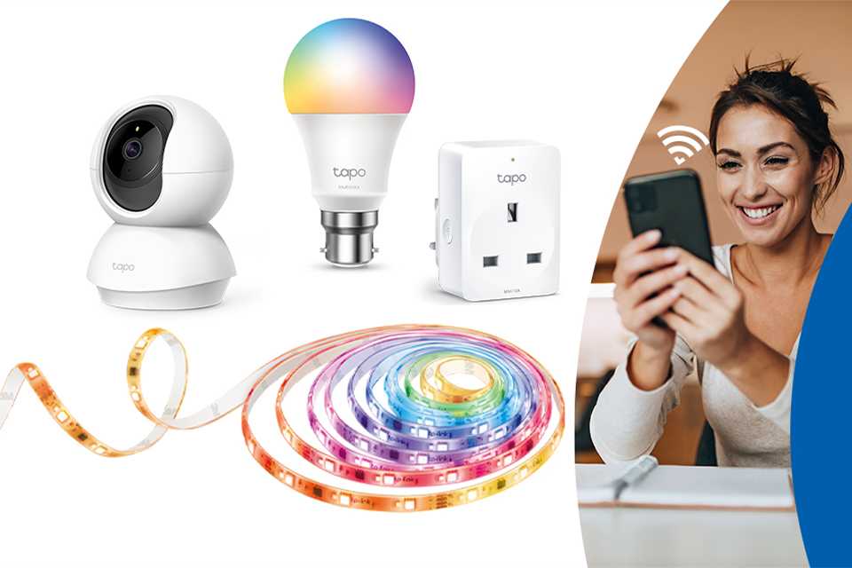 A TP-Link Tapo smart home Wi-Fi security camera, plug, multi-colour bulb and LED light strip.