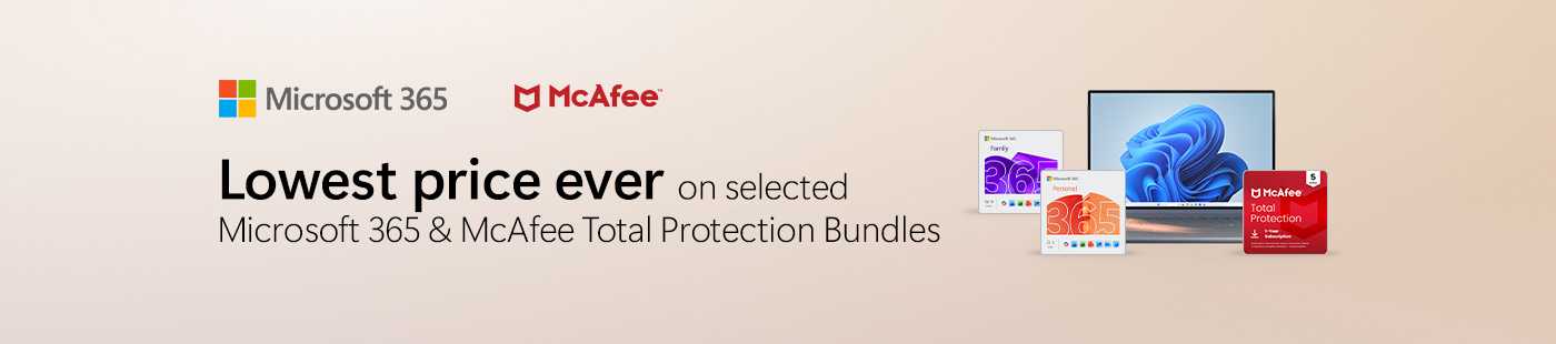 Microsoft 365. McAfee. Lowest price ever on selected Microsoft 365 & McAfee total protection bundles.