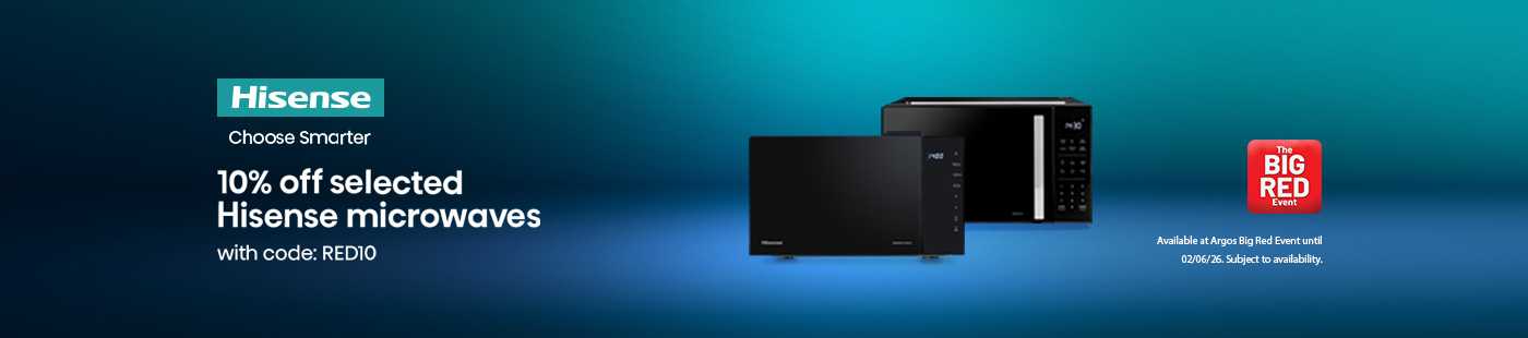 The Big Red Event. Hisense. Choose smarter. 10% off selected Hisense microwaves with code RED10.
