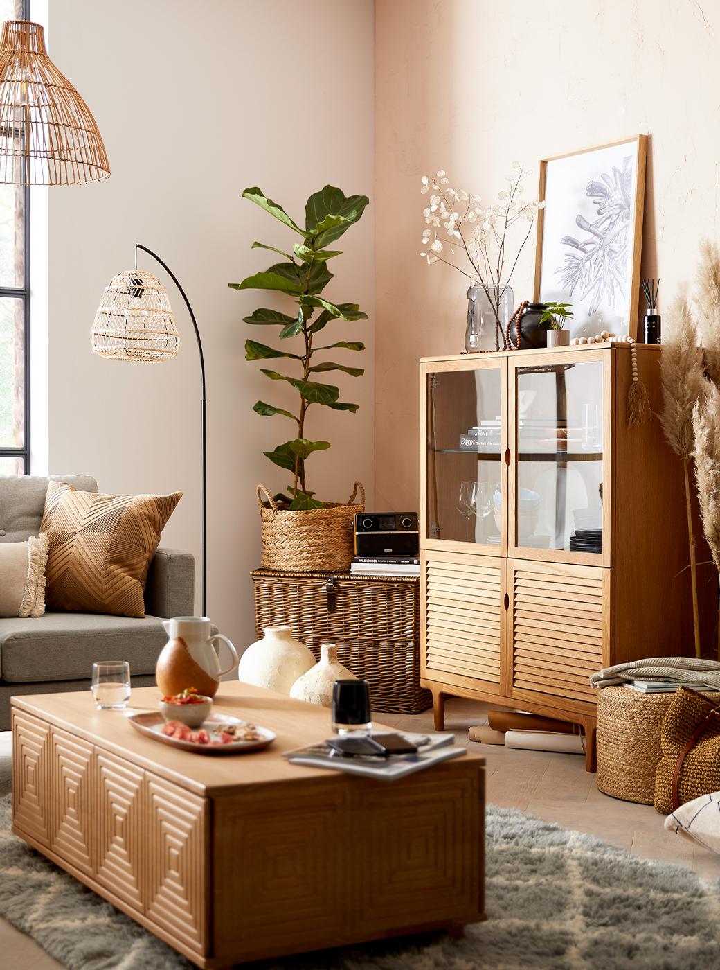 Living room with wooden coffee table and cabinet.