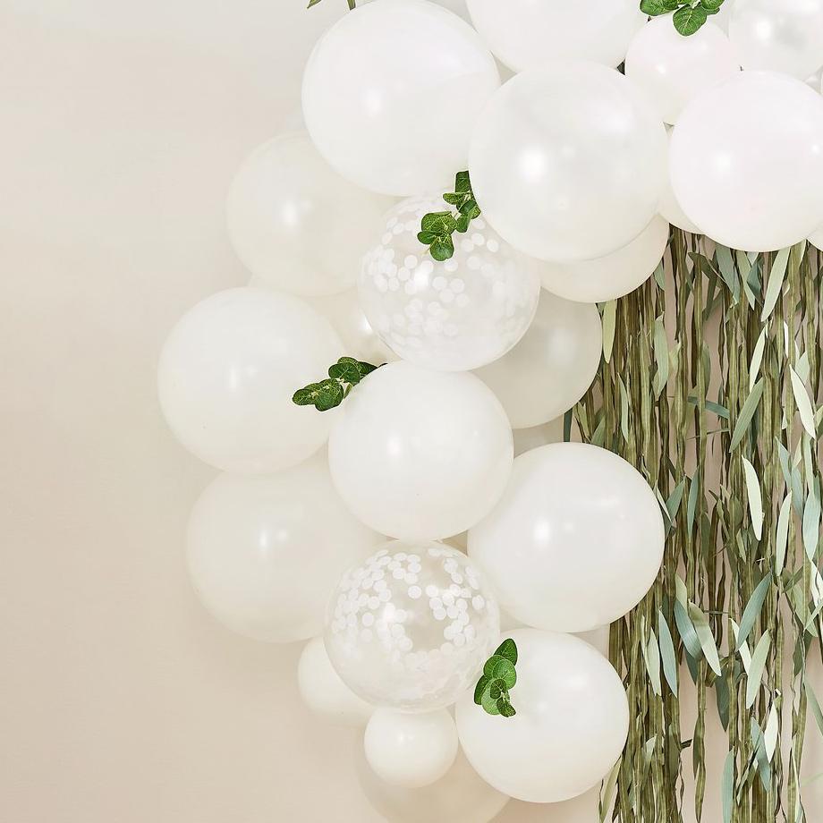 Botanical baby shower balloons.