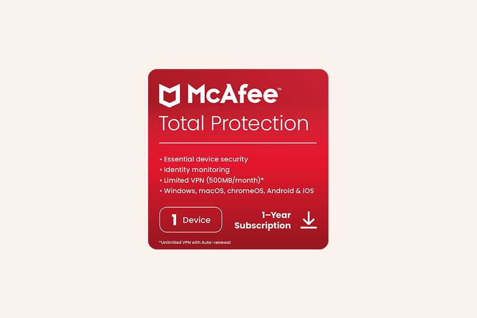 A pack of McAfee Total Protection with 1 user licence key for 1 year.