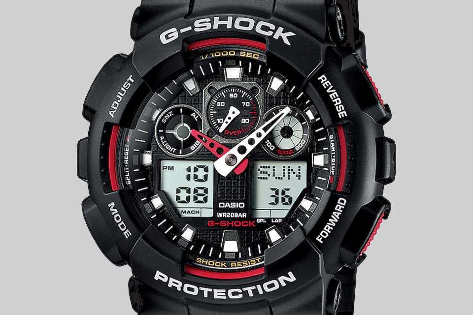 A men's Casio G-SHOCK black resin strap watch with LED backlight.