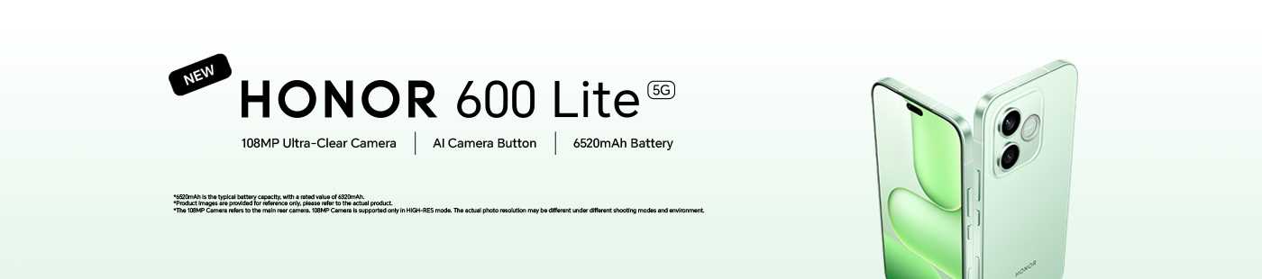 Honor 600 Lite 5G. 108MP ultra-clear camera. AI camera button. 6520mAh battery. Buy now.