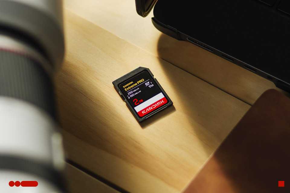 SANDISK Extreme PRO SDXC memory card with camera kit placed on a wooden tabletop.
