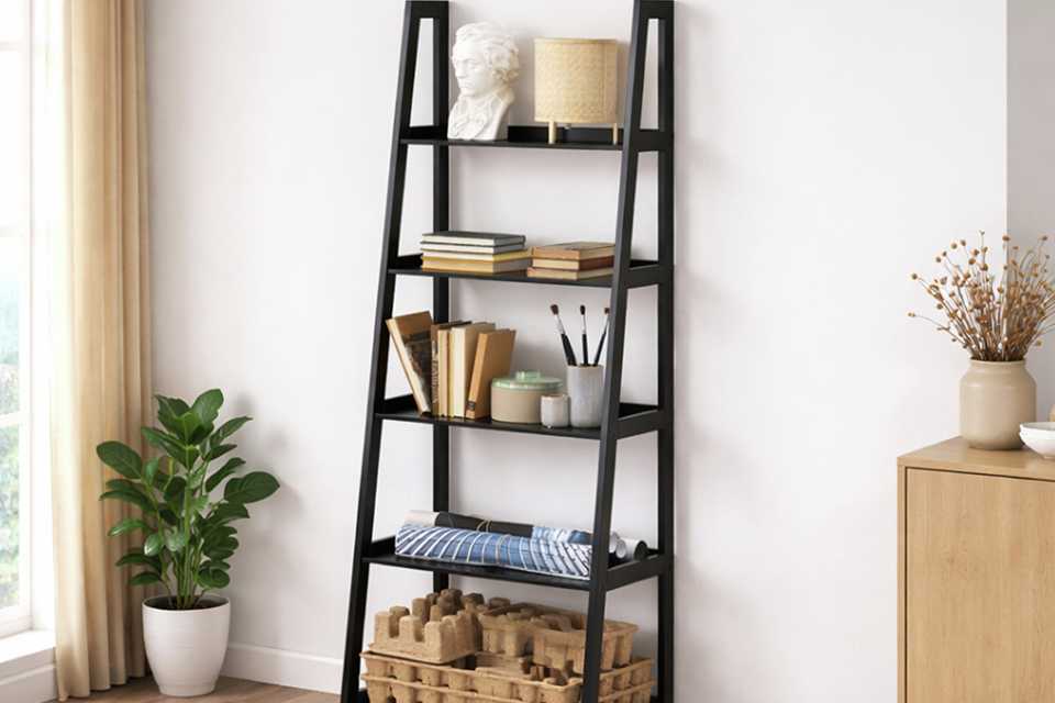 A black Furniture To Go Wally 5 shelves ladder shelf in a living room.