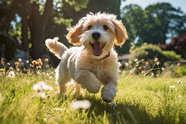 Happy pet Cavachon puppy playing on the lawn on a bright sunny day.