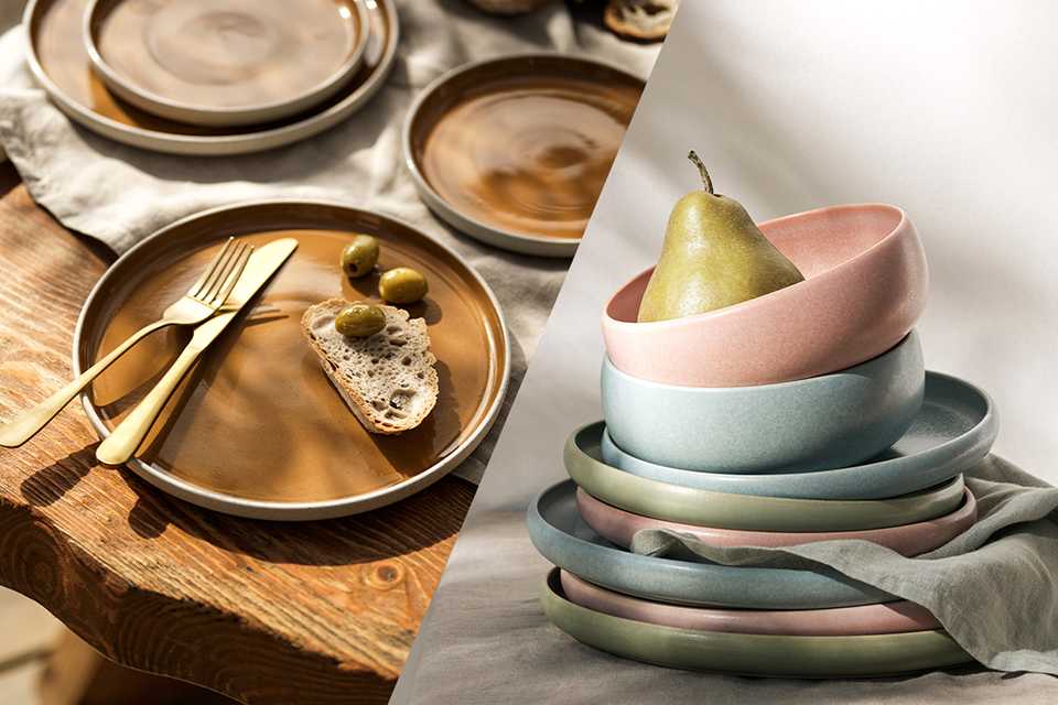 A split image of Habitat stoneware tableware and pasta bowls collection.