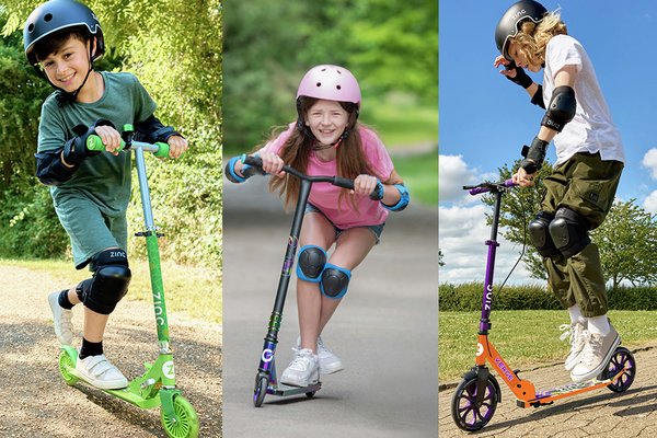 A split image of kids riding Zinc Dino Foldable Light up 2 Wheel Scooter, EVO Neo Frenzy Neochrome Stunt Scooter, Zinc Verge Pro Kids Folding Incline Scooter.