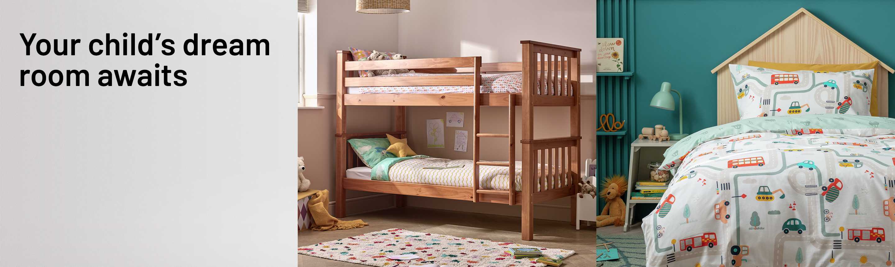 A collage showing two kids' bedrooms styled with Habitat Transport White & Green Kids Bedding Set - Toddler and Habitat Heavy Duty Detachable Bunk and 2 Mattresses - Pine.