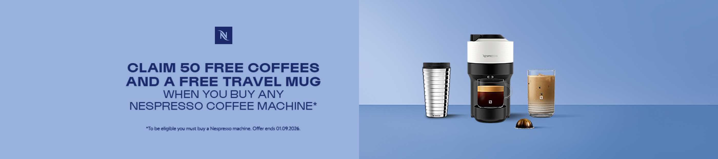 Claim 50 free coffees and a free travel mug when you buy any Nespresso coffee machine.
