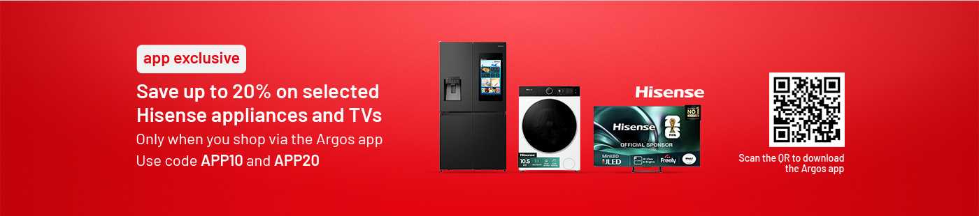 Save up to 20% on selected Hisense Appliances and TV's with codes APP10 and APP20. Scan the QR code to download the app