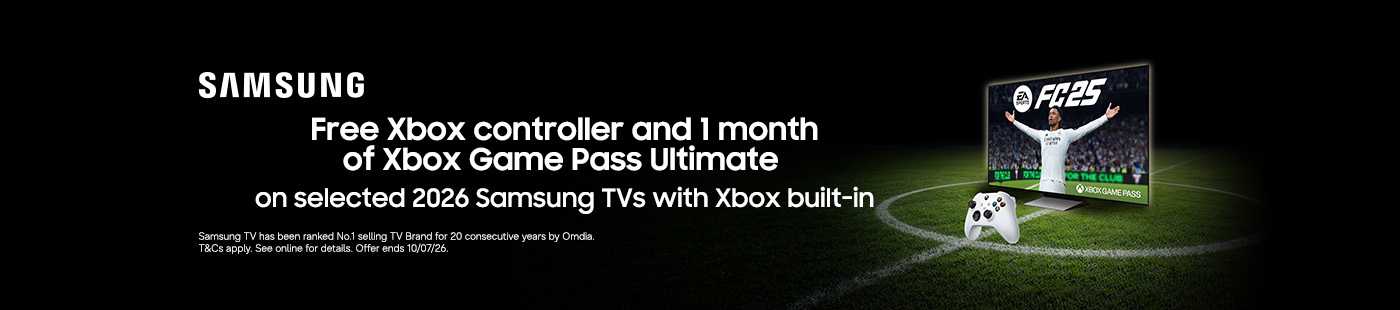 Samsung. Free Xbox controller and 1 month of Xbox game pass ultimate on selected 2026 Samsung TVs with Xbox built-in.