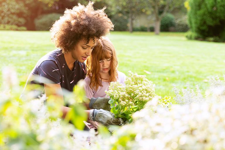 Mother and daughter planting flowers in garden.