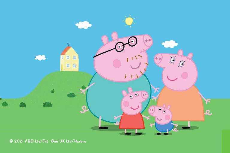 Smiling Peppa Pig and family standing in front of their house.