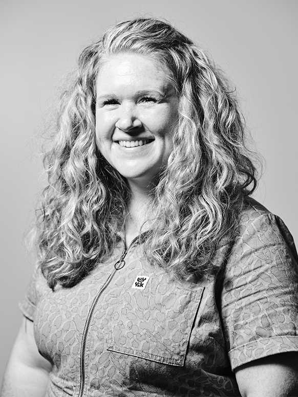 A monochrome portrait of artist Sarah Callard.