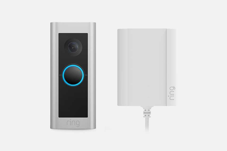 A white Ring wired Video Doorbell Pro.