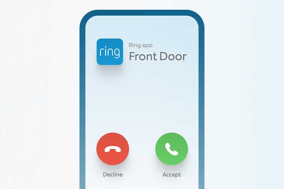 Mobile screen showing Ring front door calling screen.