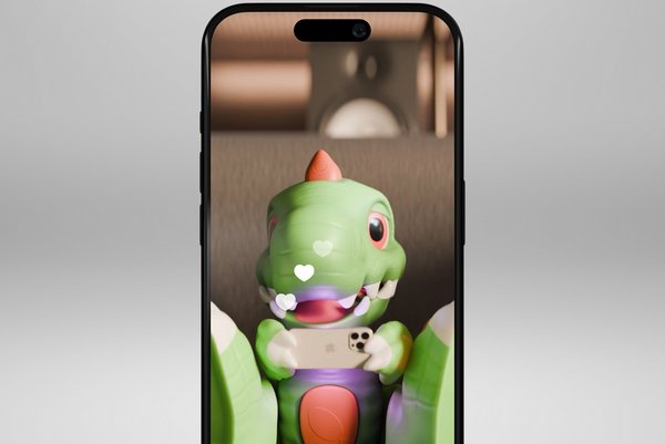 A phone showing the Argos App with Trevor the dinosaur.
