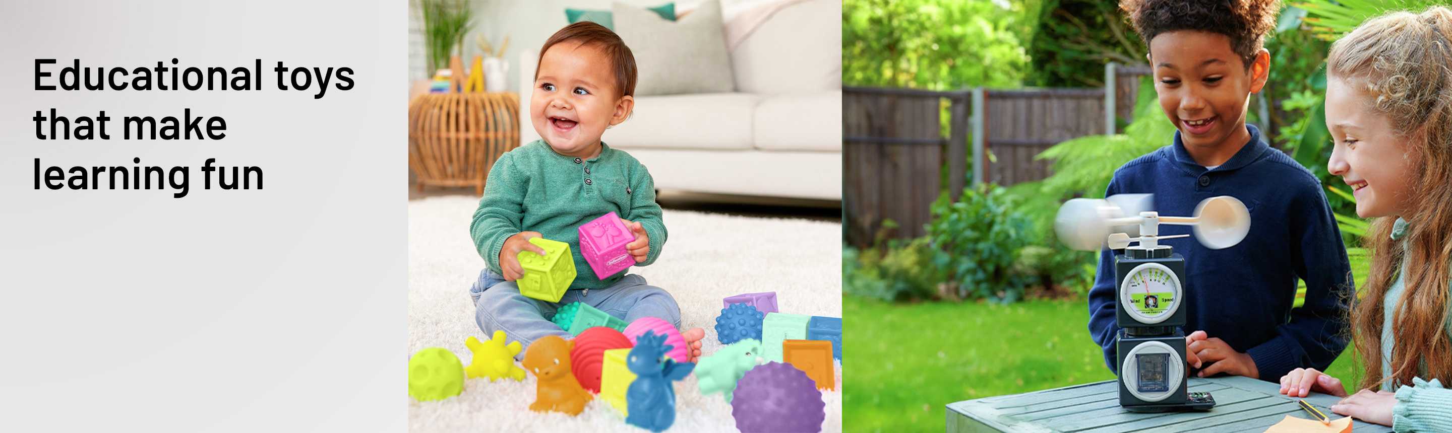An infant playing with sensory toys and two children experimenting with a science kit for kids in the garden.