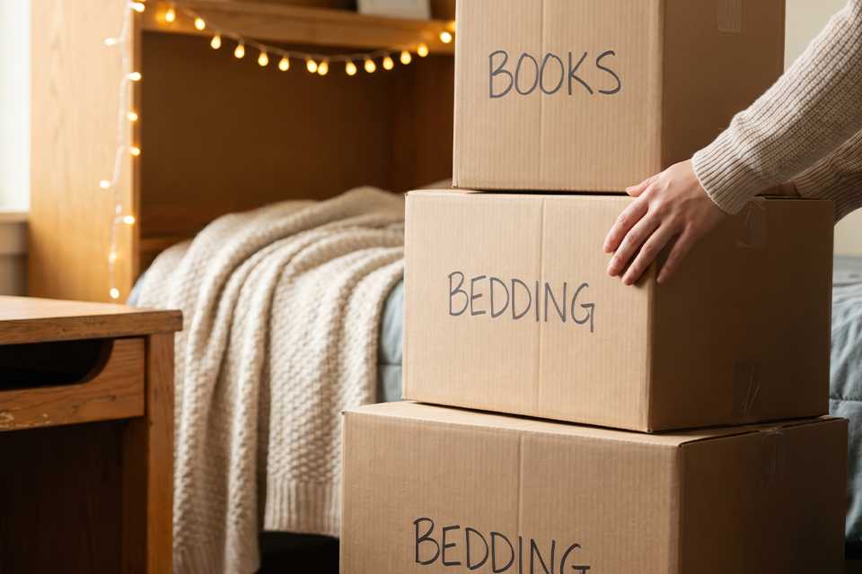 A stock image of a young woman with packed boxes in her new uni room.