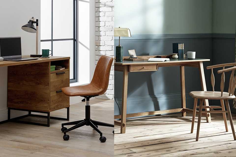A collage featuring Habitat Nomad 2 Drawer Office Desk - Oak anf Habitat x Morris & Co. Canterbury Oak Office Desk.