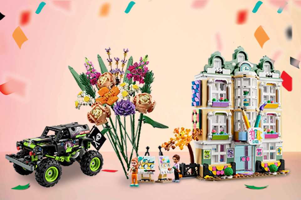 LEGO® and Chad Valley products with a confetti background.