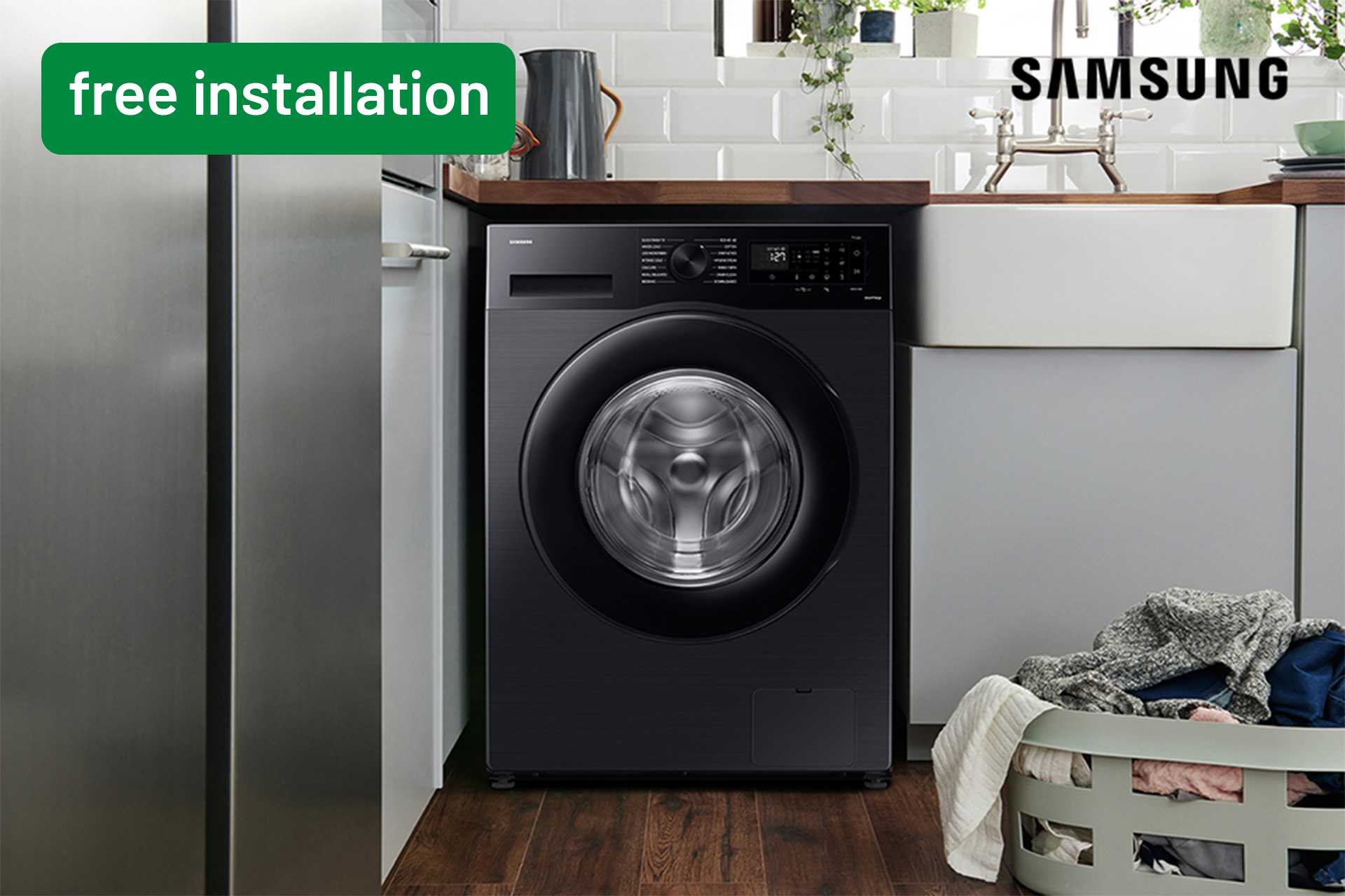 Shop free installation on selected Samsung laundry & dishwashing appliances.