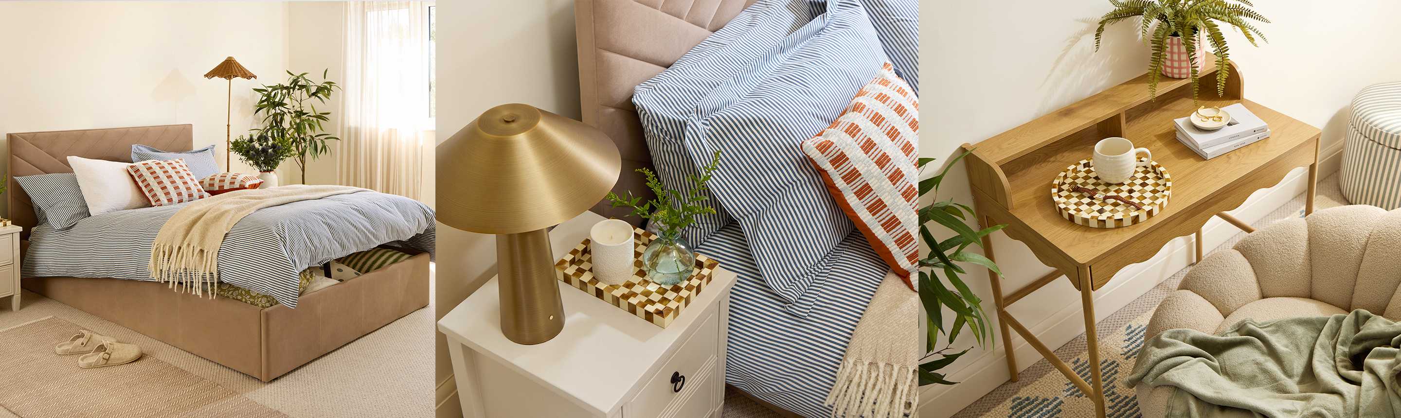 An open and airy bedroom, a bronze lamp on a bedside table and a desk table near a couch.
