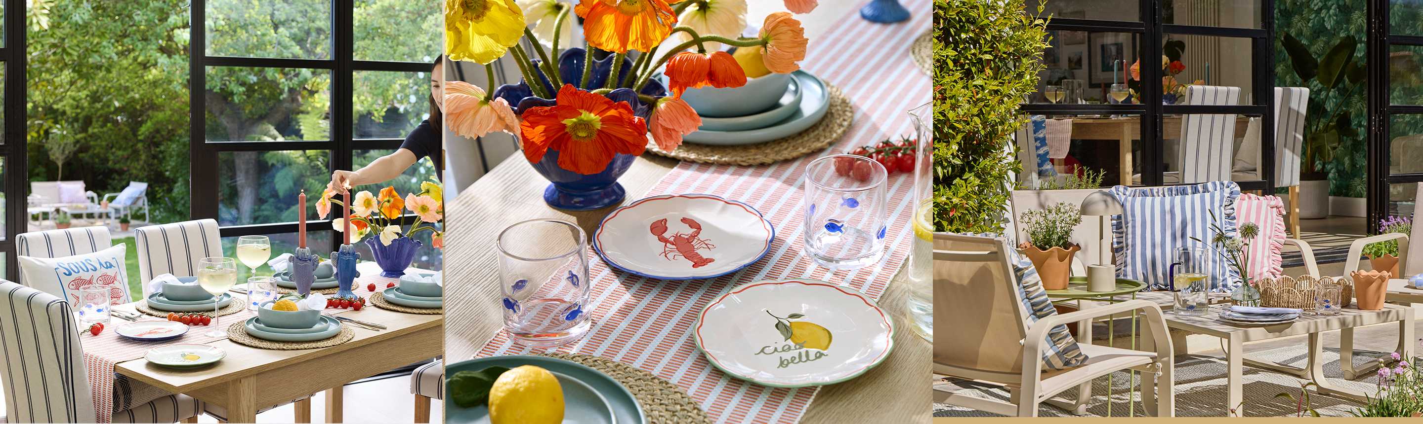 A beautiful lunch setup, summery tableware and garden furniture.