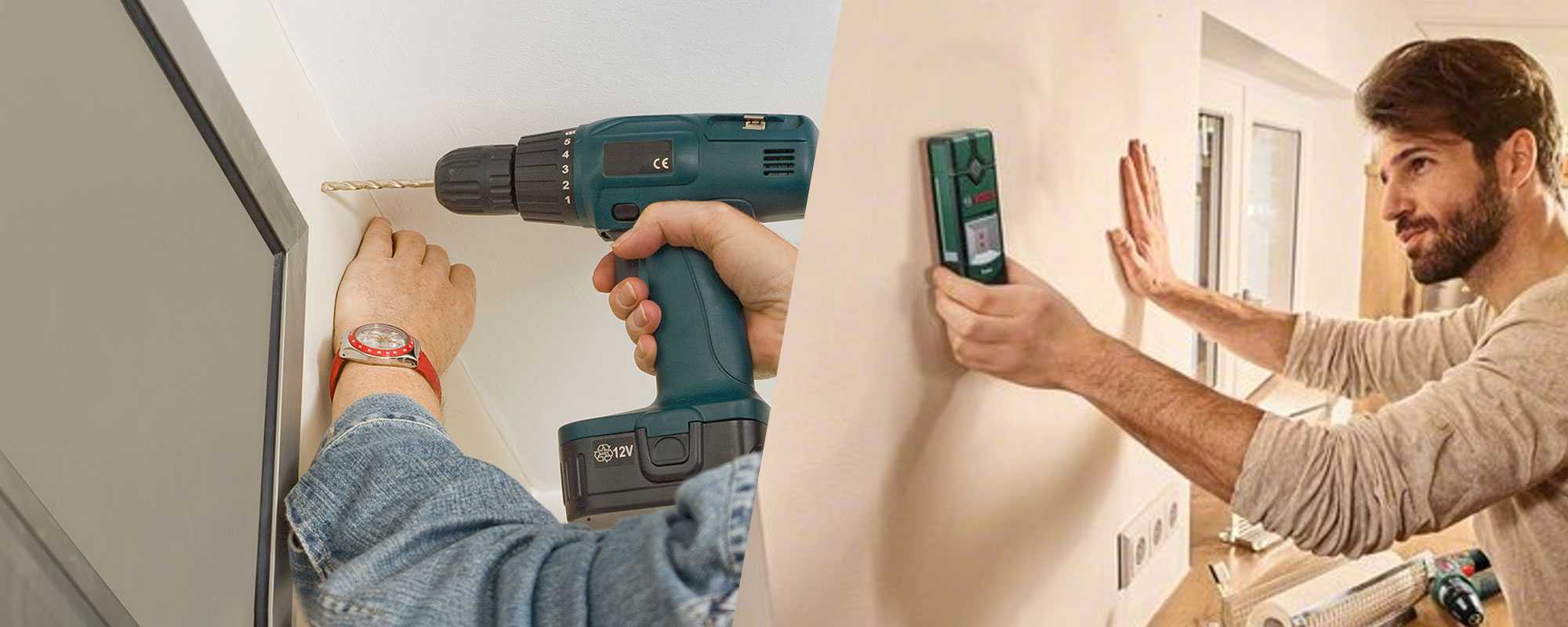 : A split image of a person drilling a hole in a wall and checking for pipes with a cable detector.