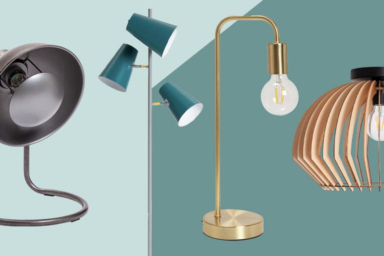 A collection of different style floor lamps, table lamps, and ceiling lights.