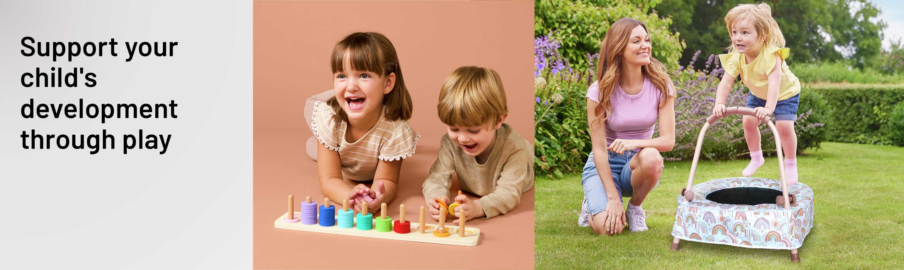 A banner depicting a mother watching her child bounce on a toddler trampoline and two children playing with a ring stacking toy.