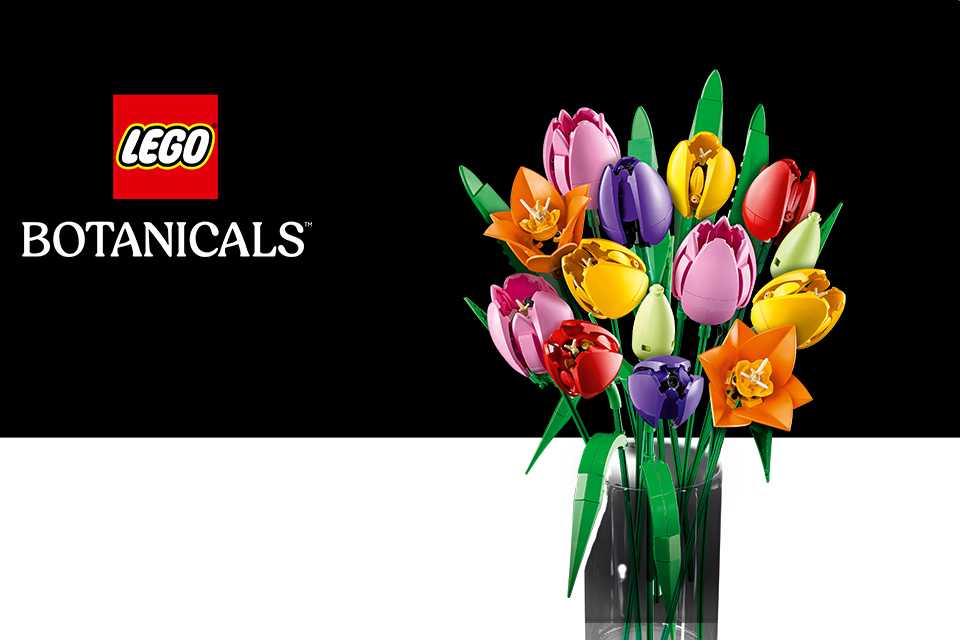 The LEGO® Botanicals Tulip Bouquet set on a black background with the LEGO® and Botanicals logos.