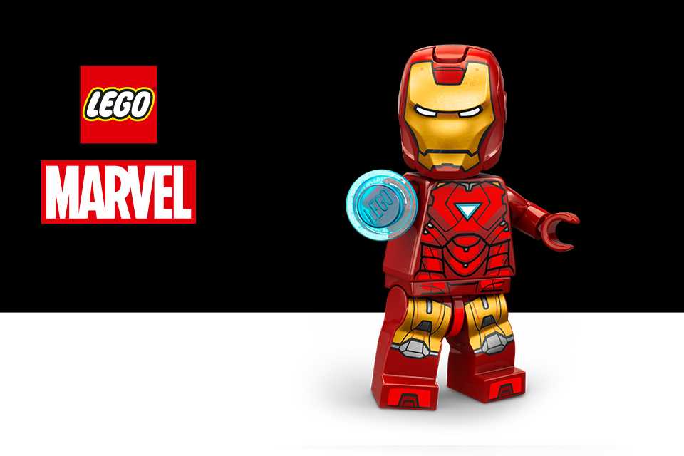 A LEGO® Iron Man minifigure on a black background with the LEGO® and Marvel logos.